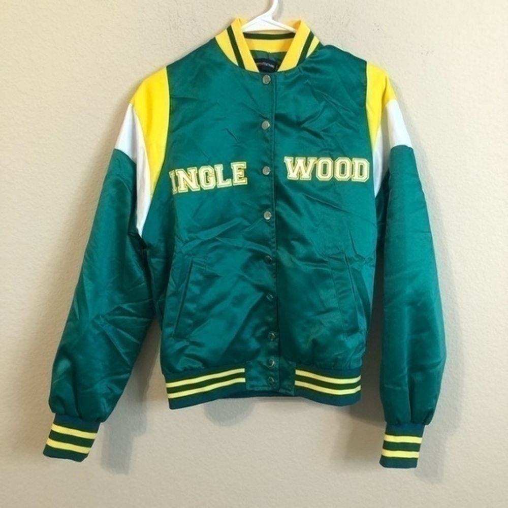 PrettyLittleThing Bomber Inglewood Green Satin Oversized Jacket Sporty Retro - Picture 4 of 7